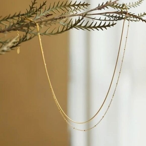 DAINTY DOUBLE layered Necklace Gold Snake chain Gold Beaded Satellite Chain - Picture 7 of 13